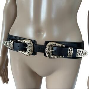 Western Double Buckle Black Stretch Waist Belt Gold Glam Rock Engraved Cowgirl